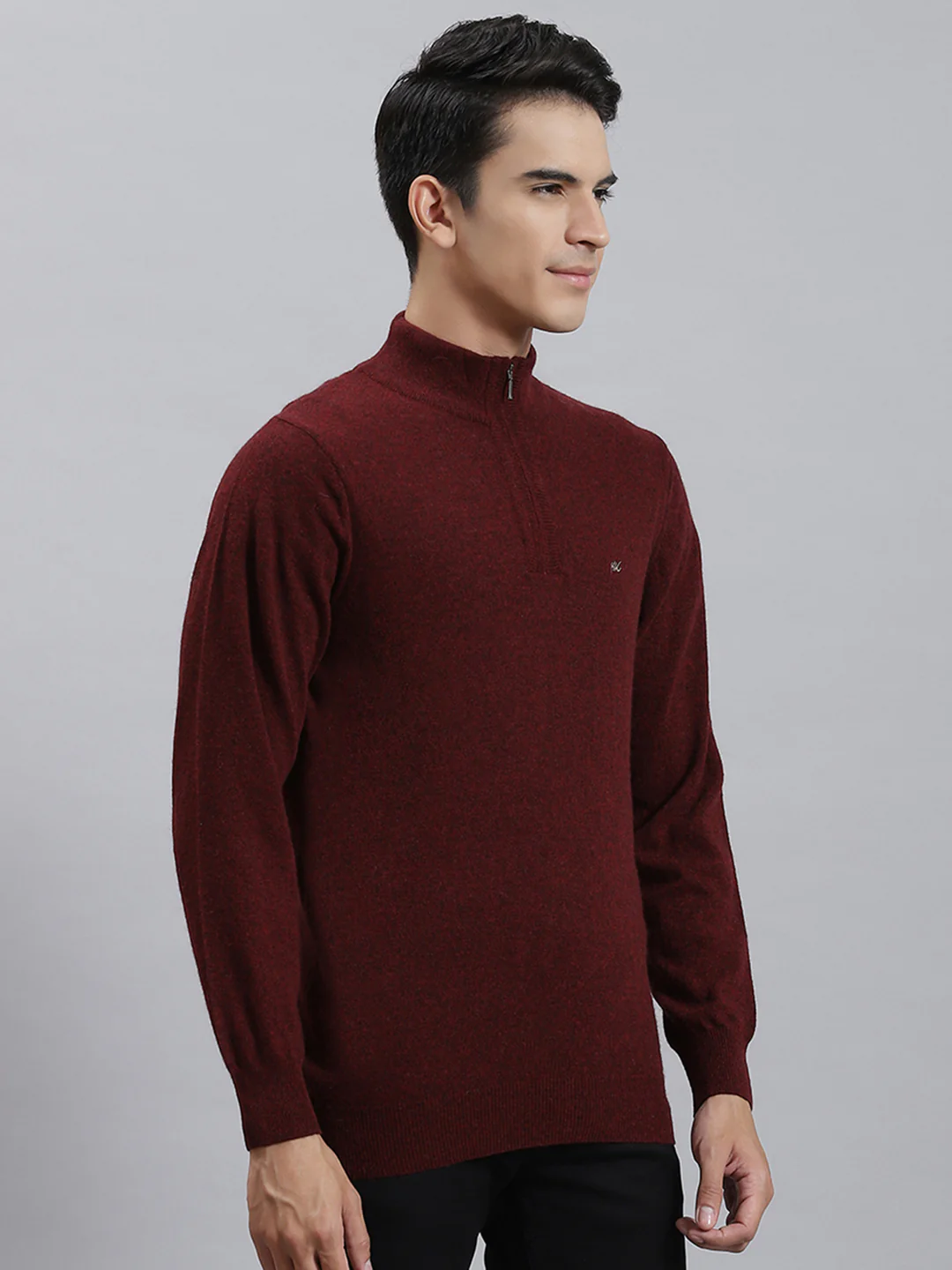 Men Maroon Solid Stand Collar Full Sleeve Sweaters/Pullovers - Image 4