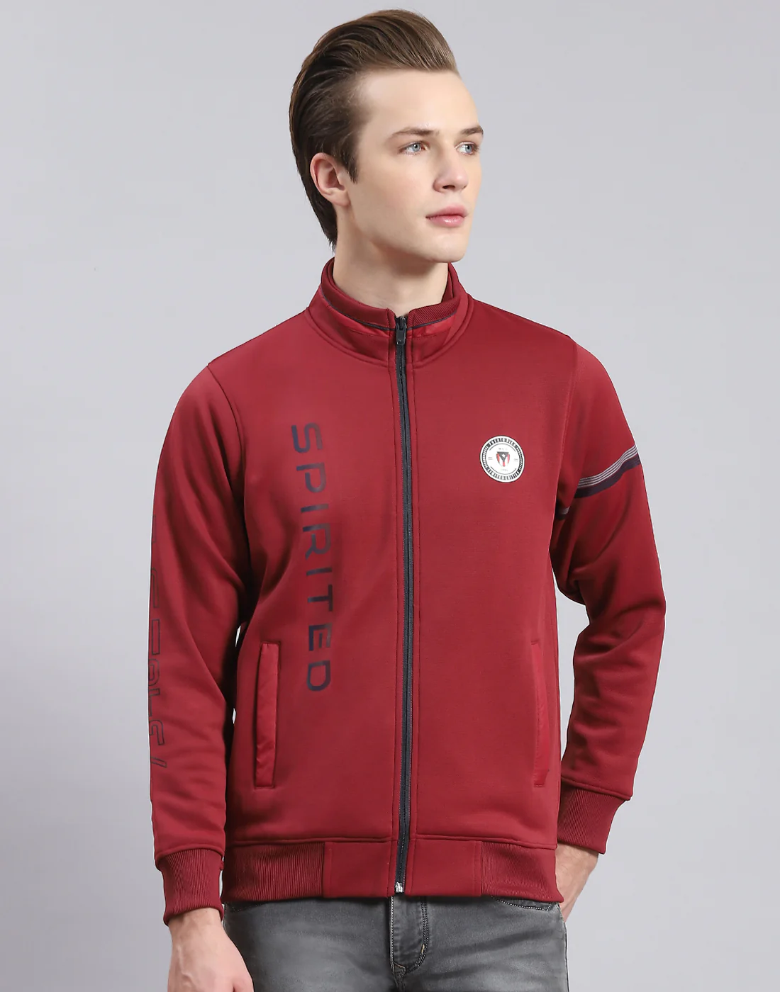 Men Maroon Solid Stand Collar Full Sleeve Sweatshirt - Image 2