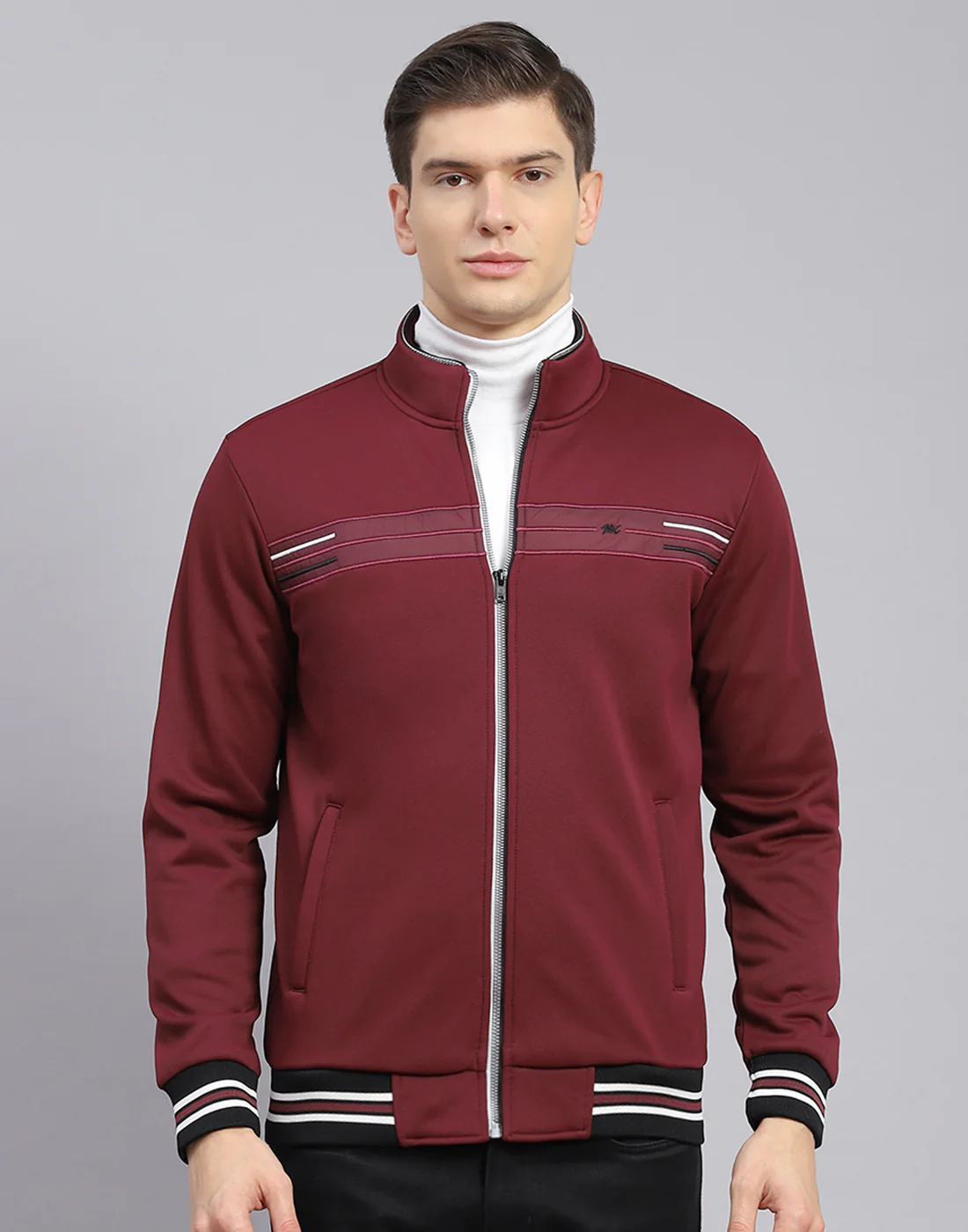Men Maroon Solid Stand Collar Full Sleeve Sweatshirt - Image 3