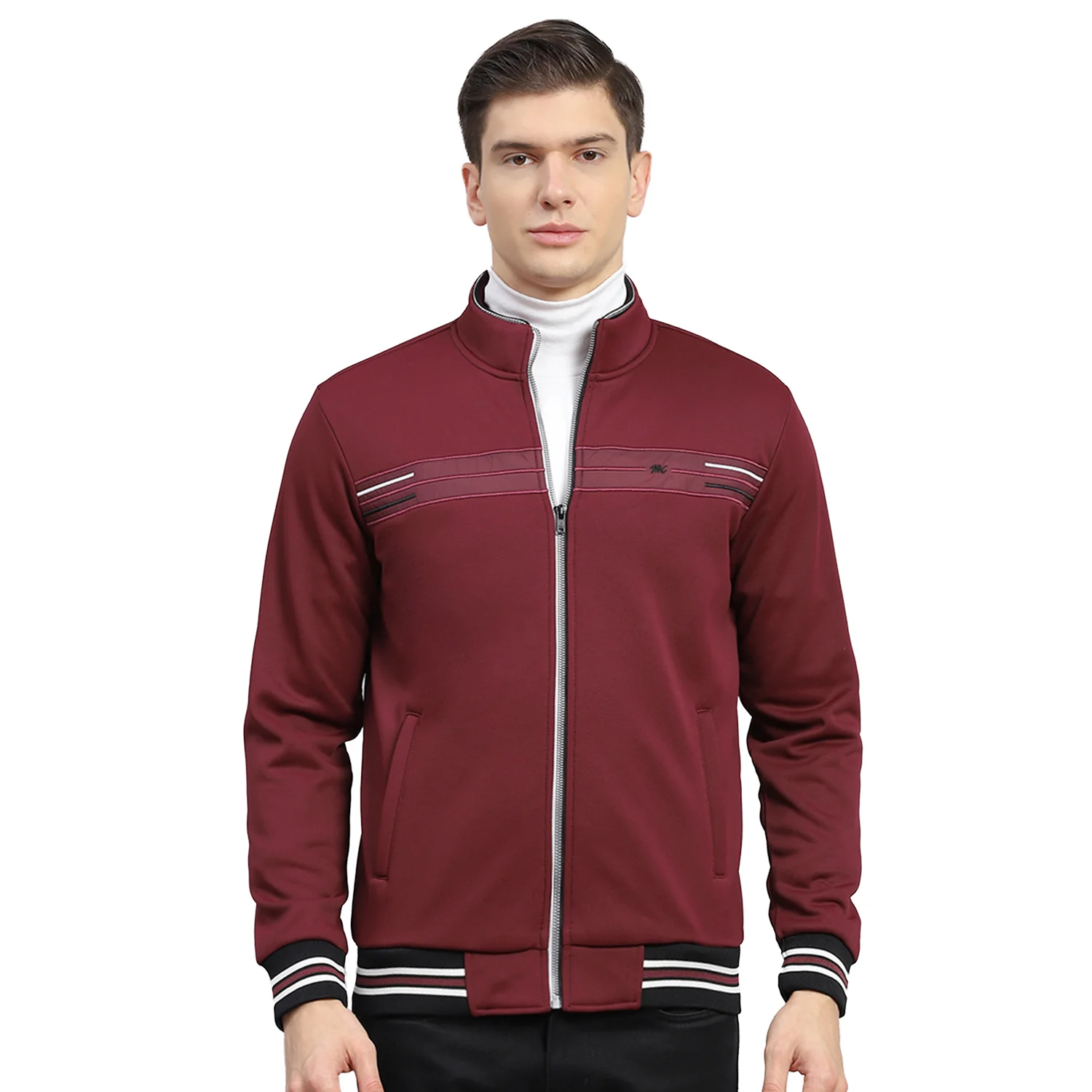 Men Maroon Solid Stand Collar Full Sleeve Sweatshirt - Image 5