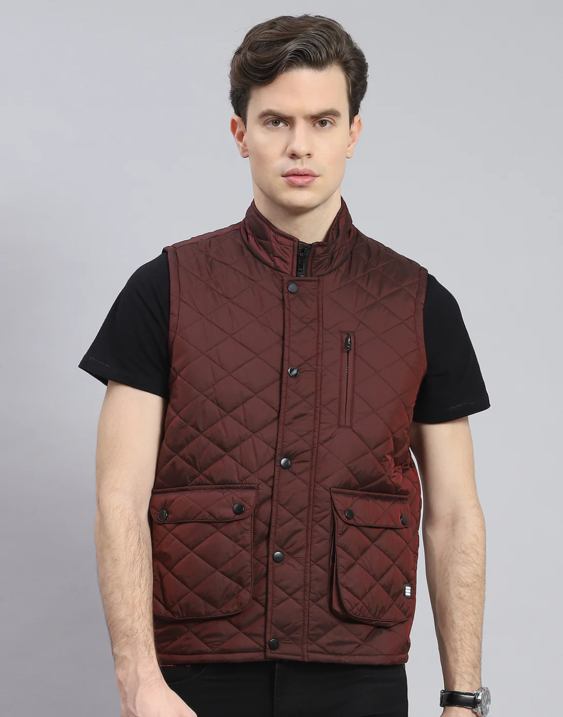 Rock.it Men Maroon Solid Stand Collar Sleeveless Jacket - Image 2