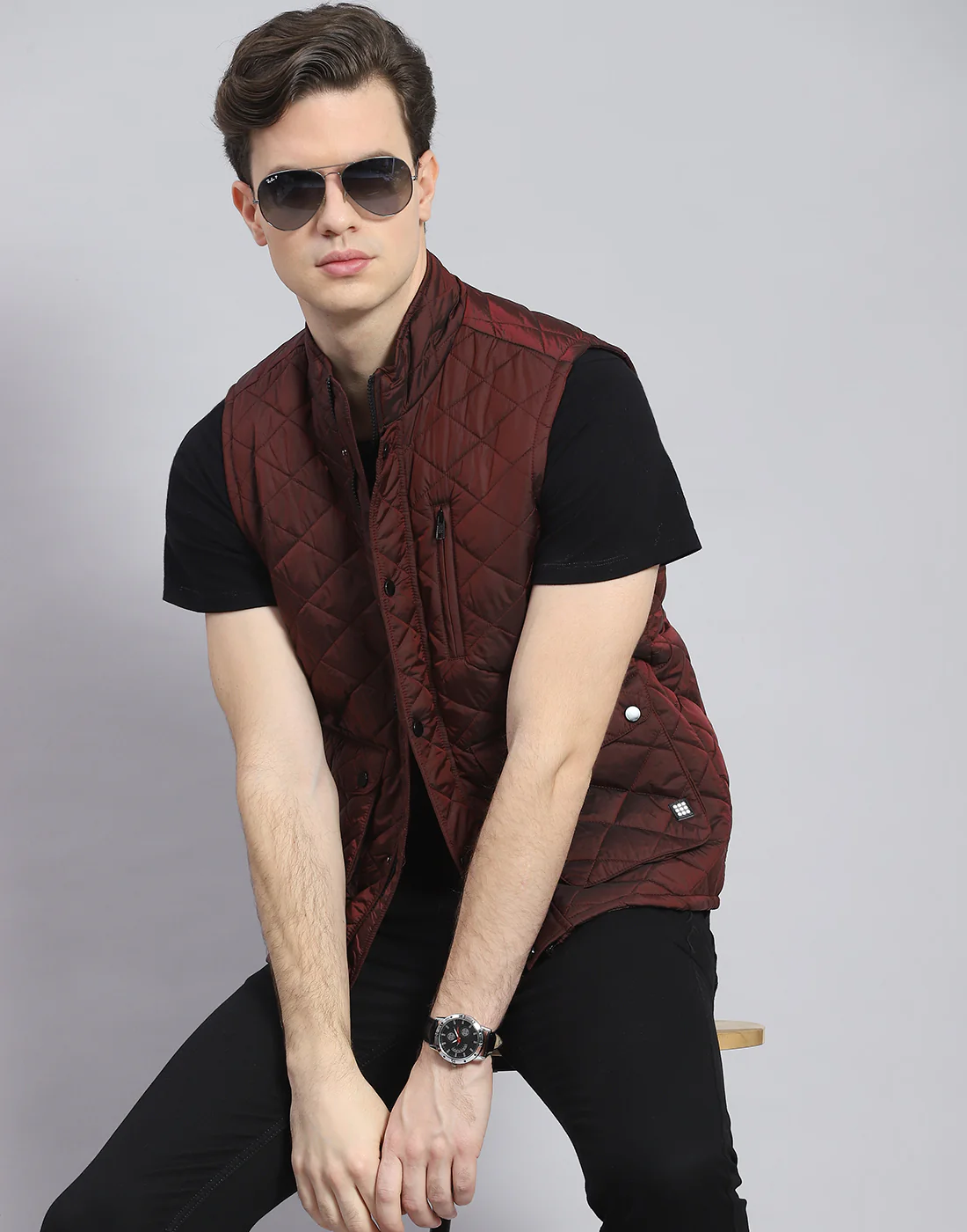 Rock.it Men Maroon Solid Stand Collar Sleeveless Jacket - Image 6