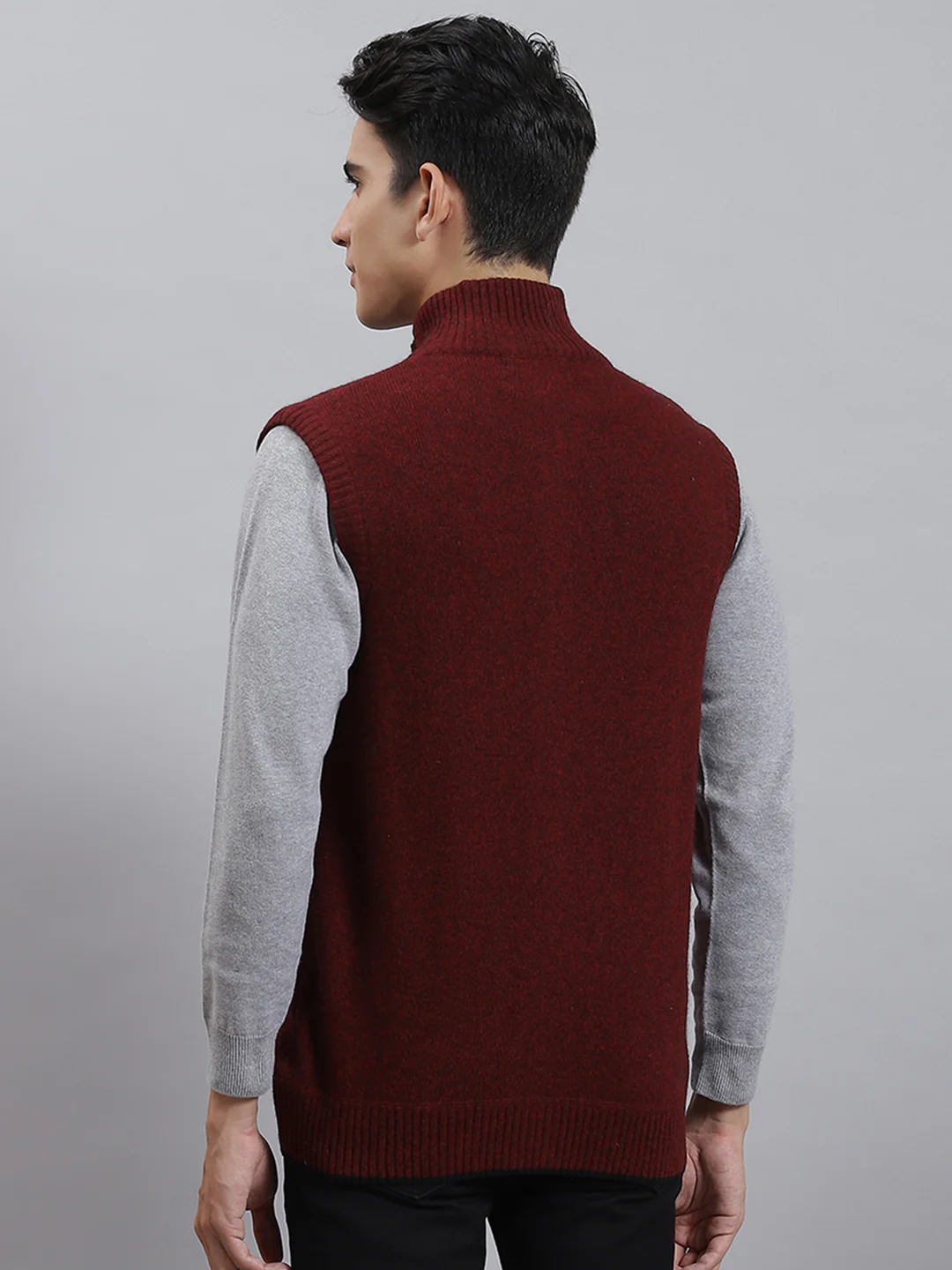 Men Maroon Solid Stand Collar Sleeveless Sweaters/Pullovers - Image 5