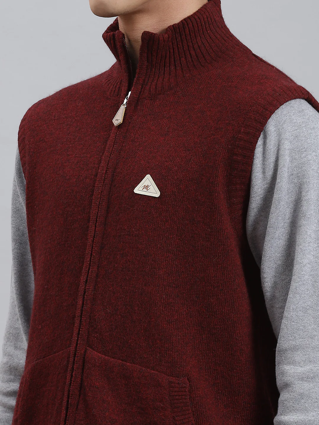 Men Maroon Solid Stand Collar Sleeveless Sweaters/Pullovers - Image 6