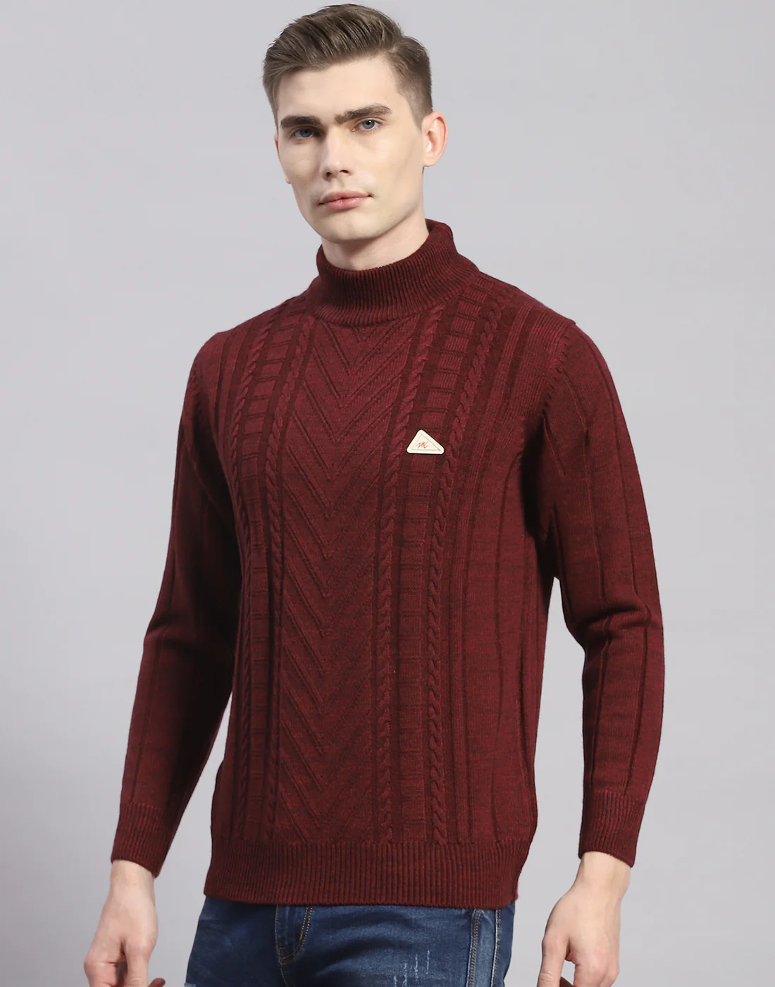 Men Maroon Solid T Neck Full Sleeve Pullover - Image 4