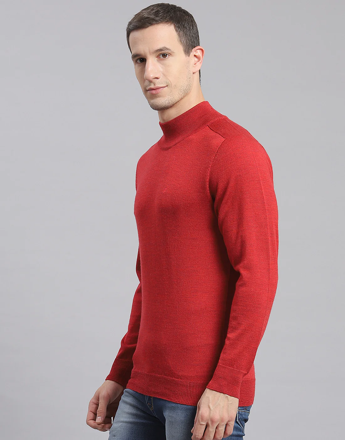 Men Maroon Solid T Neck Full Sleeve Sweater - Image 3