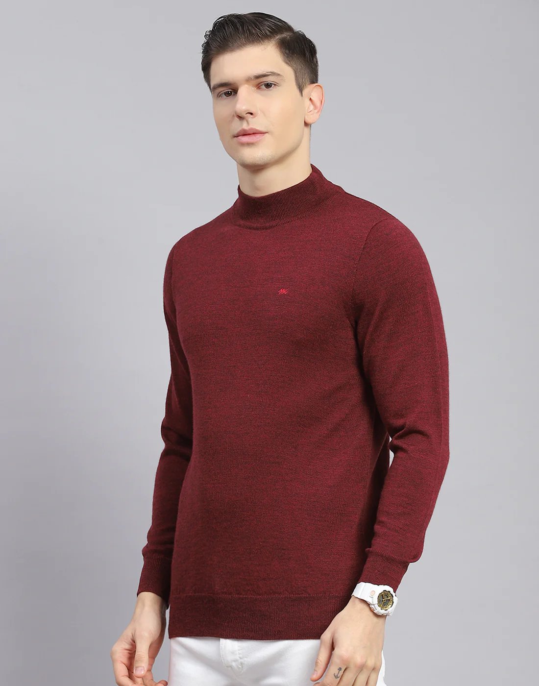 Men Maroon Solid T Neck Full Sleeve Sweater - Image 4