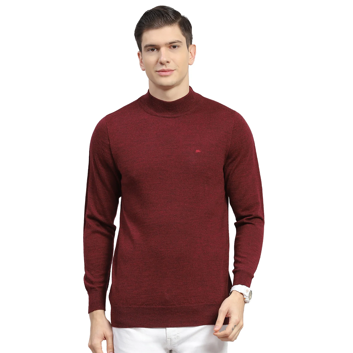 Men Maroon Solid T Neck Full Sleeve Sweater - Image 5