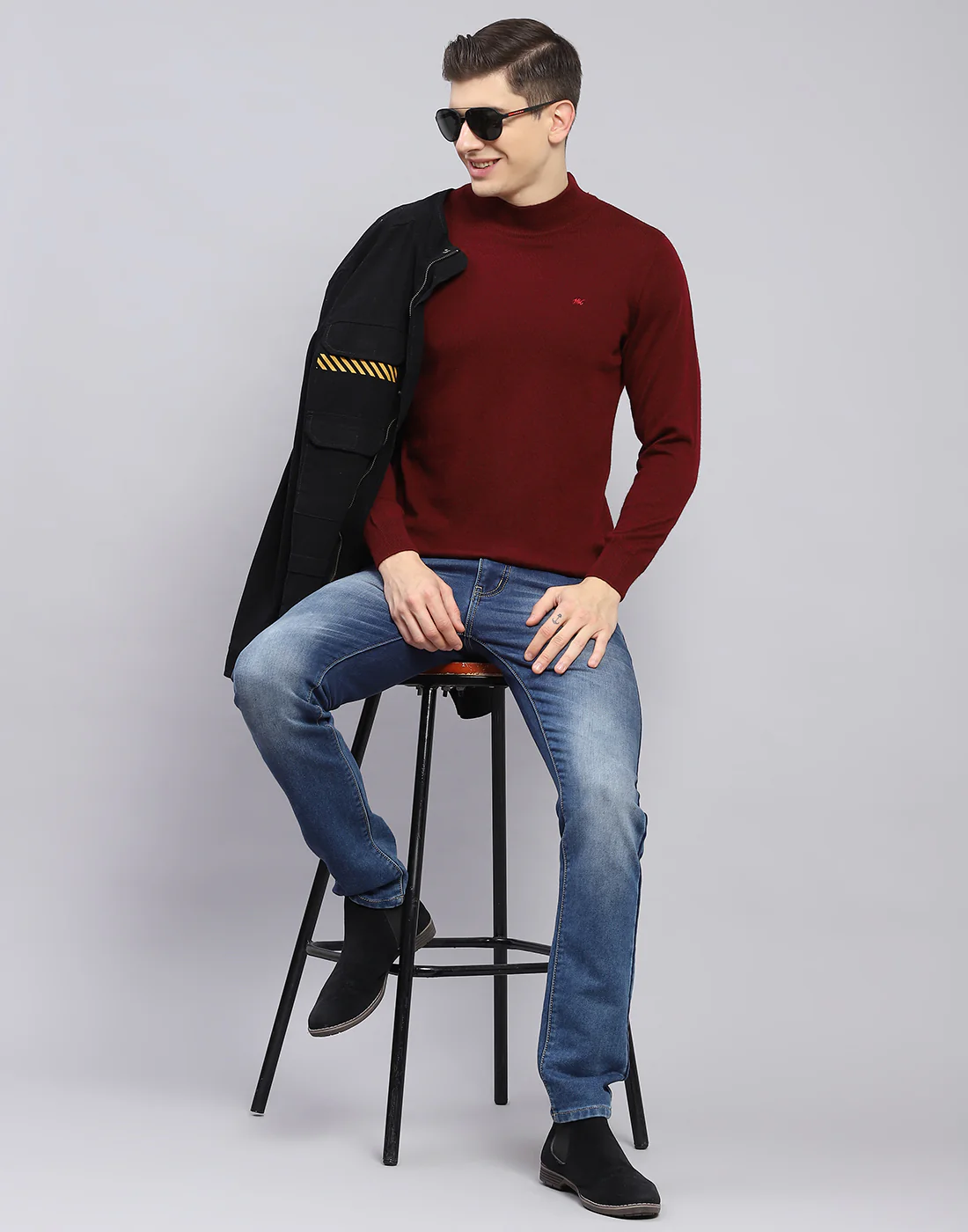 Men Maroon Solid T Neck Full Sleeve Sweater - Image 2