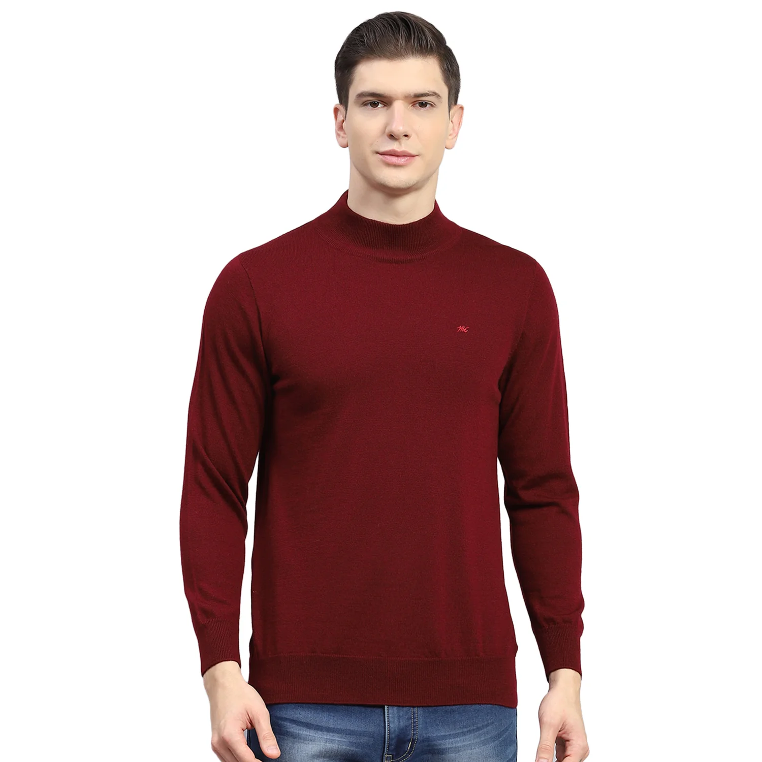 Men Maroon Solid T Neck Full Sleeve Sweater - Image 5