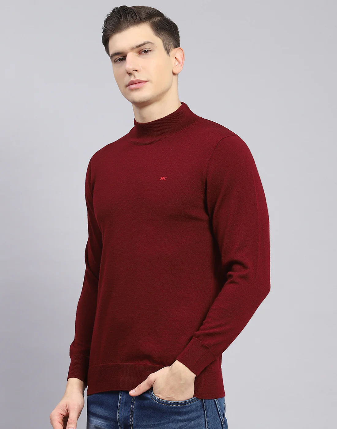 Men Maroon Solid T Neck Full Sleeve Sweater - Image 6