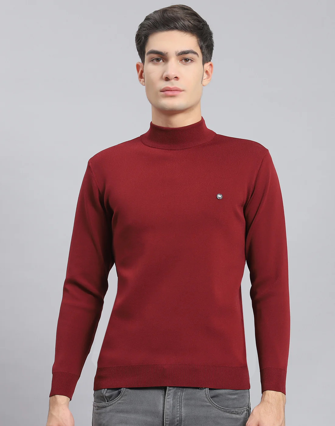 Men Maroon Solid T Neck Full Sleeve Sweater - Image 3
