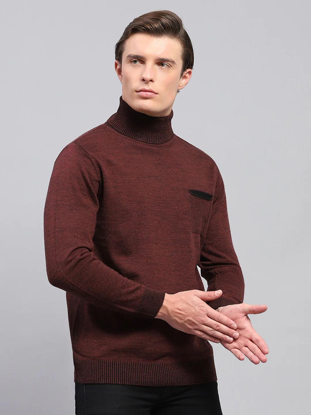Men Maroon Solid Turtle Neck Full Sleeve Pullover - Image 4