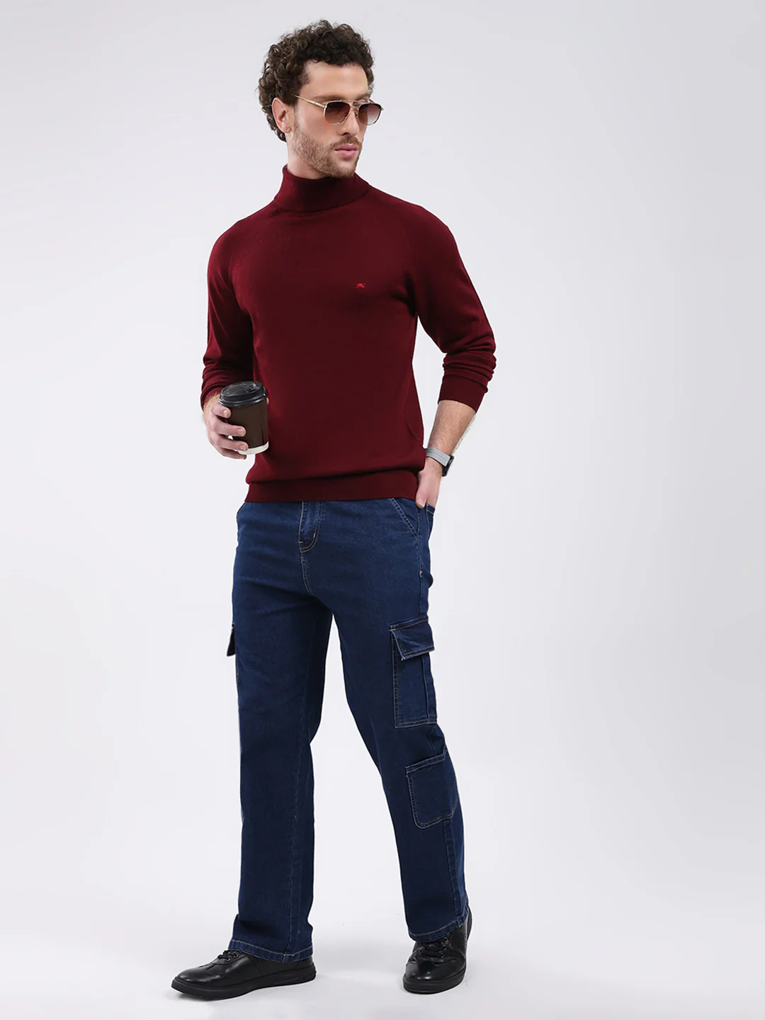 Men Maroon Solid Turtle Neck Full Sleeve Pullover - Image 2