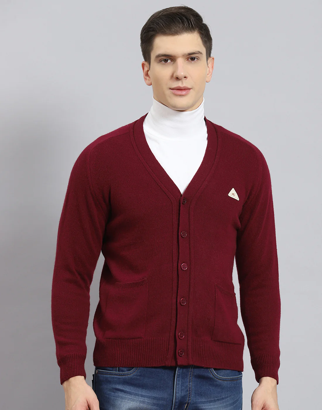 Men Maroon Solid V Neck Full Sleeve Cardigan - Image 3