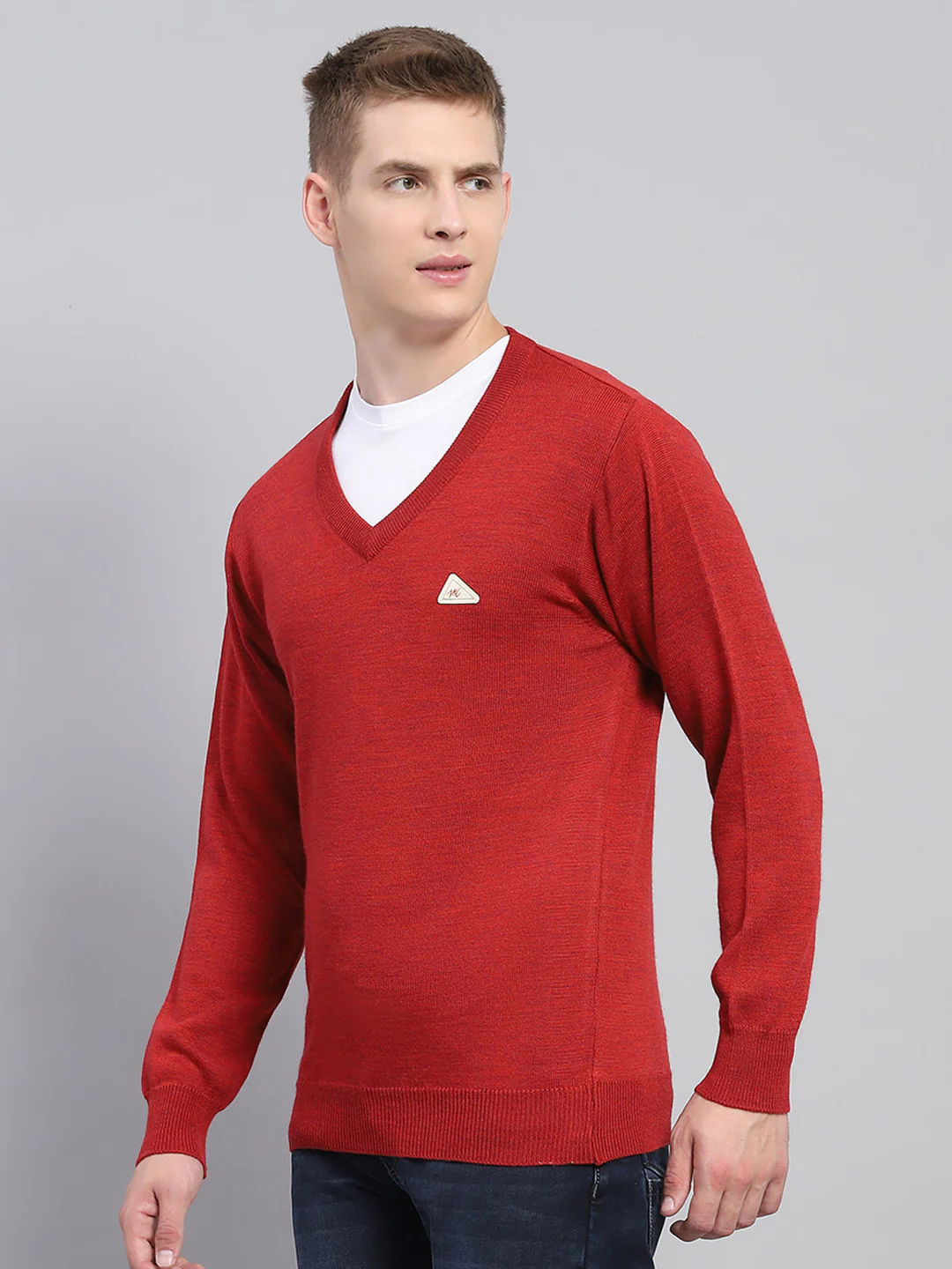 Men Maroon Solid V Neck Full Sleeve Pullover - Image 3
