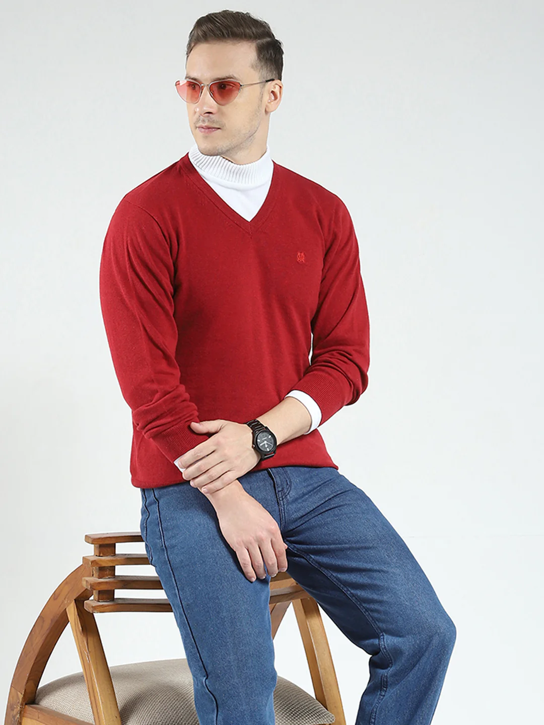 Men Maroon Solid V Neck Full Sleeve Pullover - Image 6