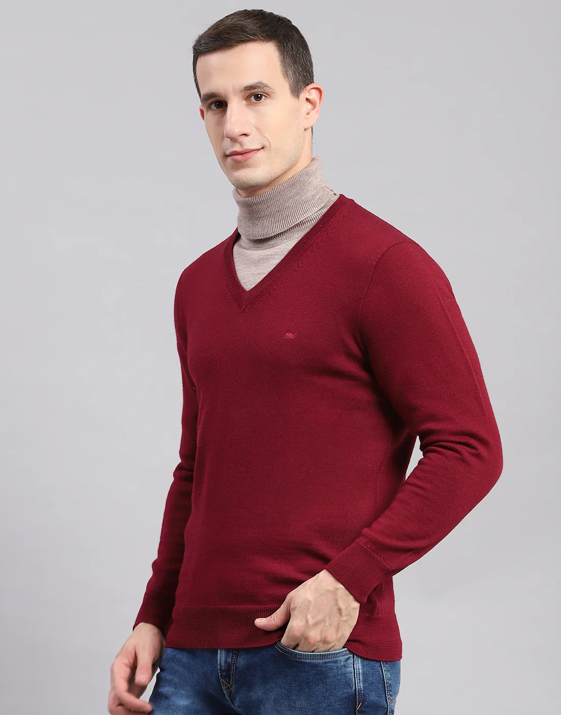 Men Maroon Solid V Neck Full Sleeve Sweaters/Pullovers - Image 3