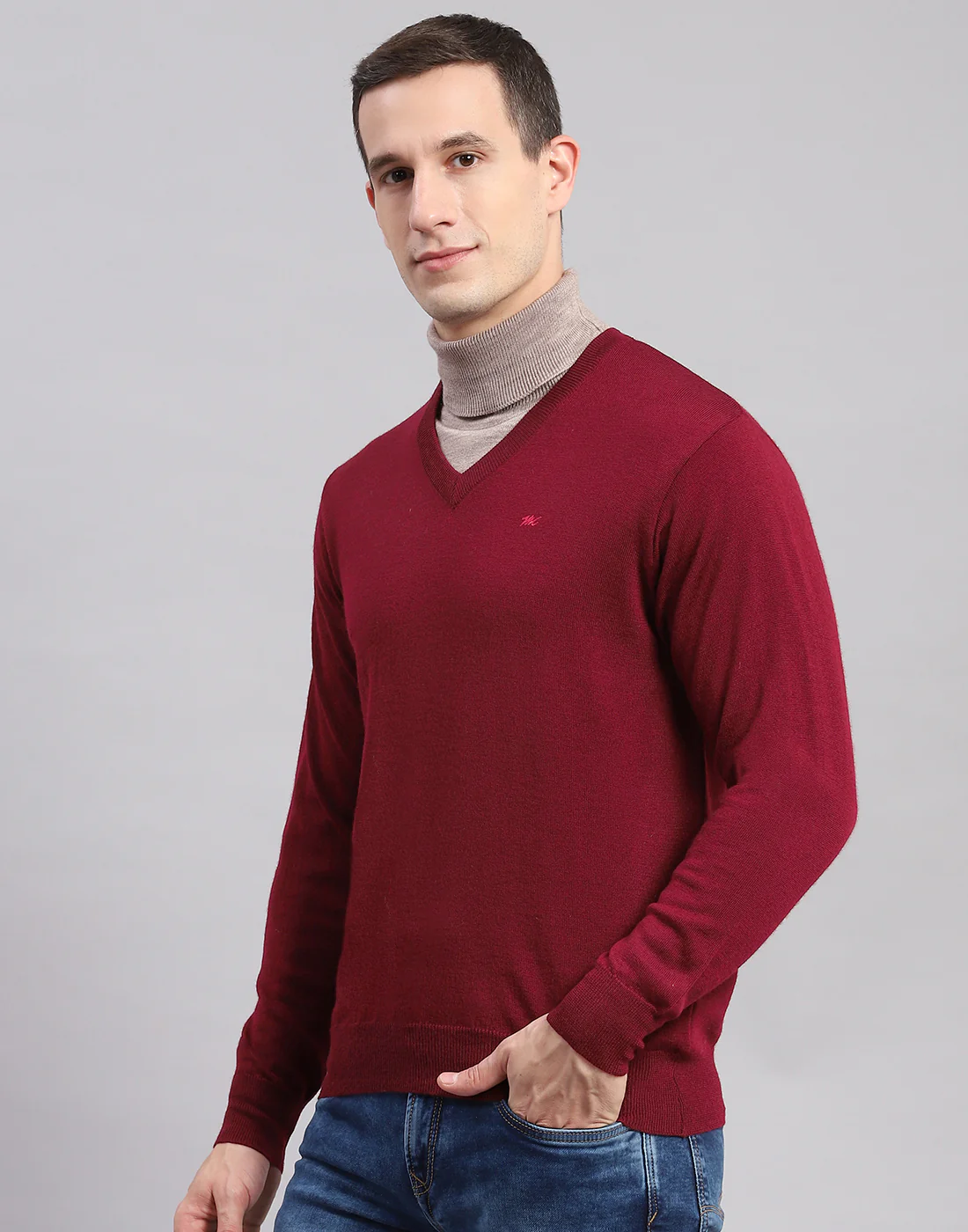 Men Maroon Solid V Neck Full Sleeve Sweaters/Pullovers - Image 3