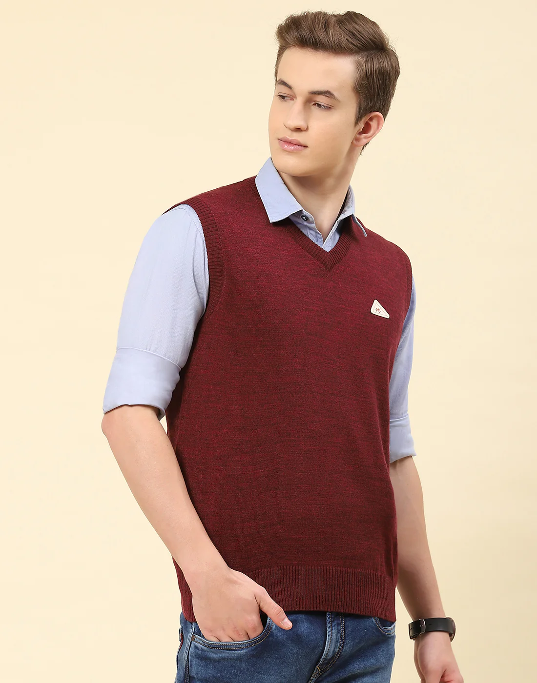Men Maroon Solid V Neck Sleeveless Sweater - Image 4