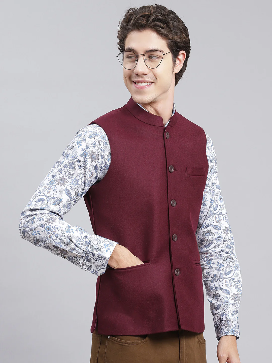 Men Maroon Solid Wool blend Coat - Image 3