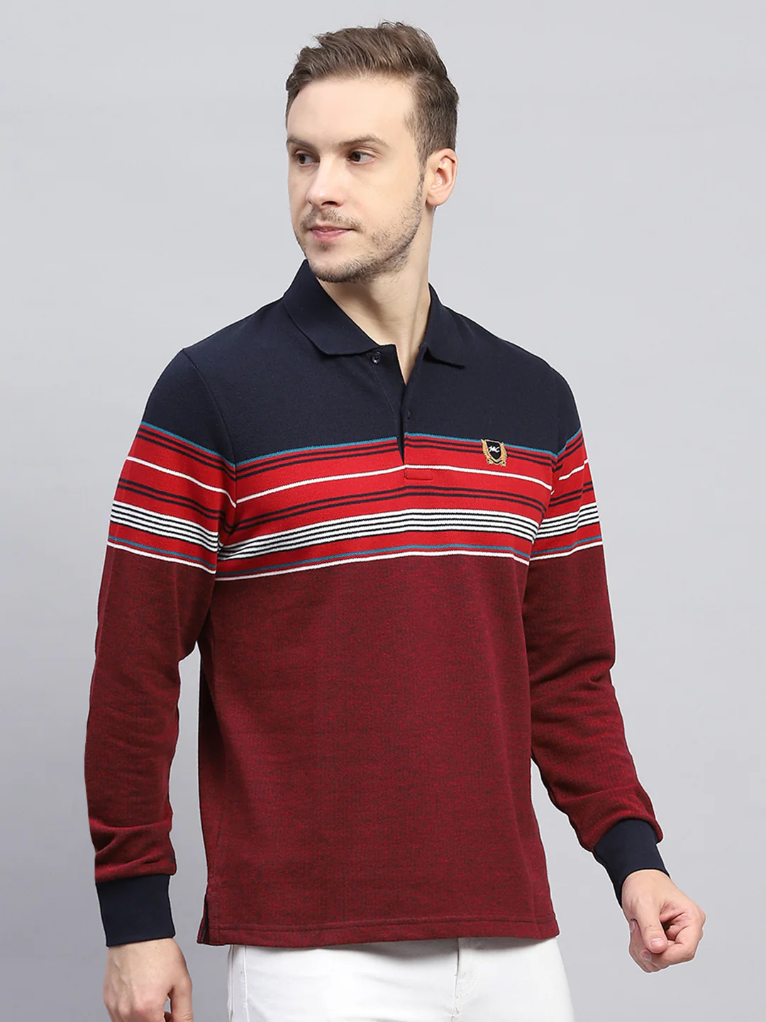 Men Maroon Stripe Collar Full Sleeve Winter T-Shirt - Image 4