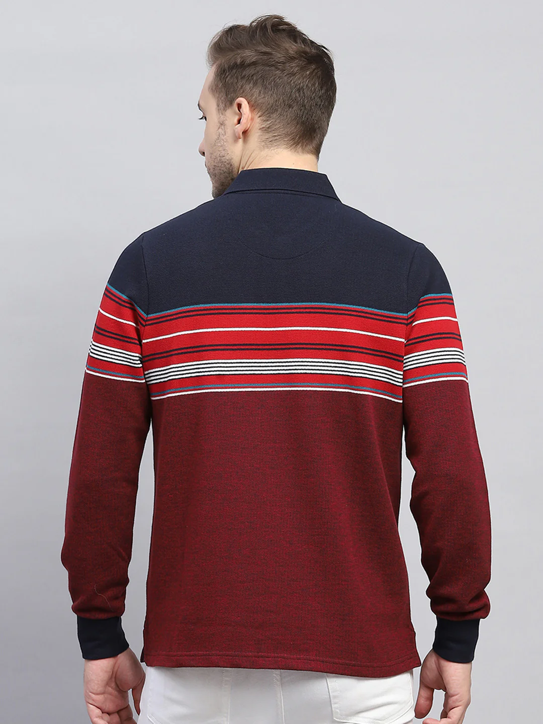 Men Maroon Stripe Collar Full Sleeve Winter T-Shirt - Image 5