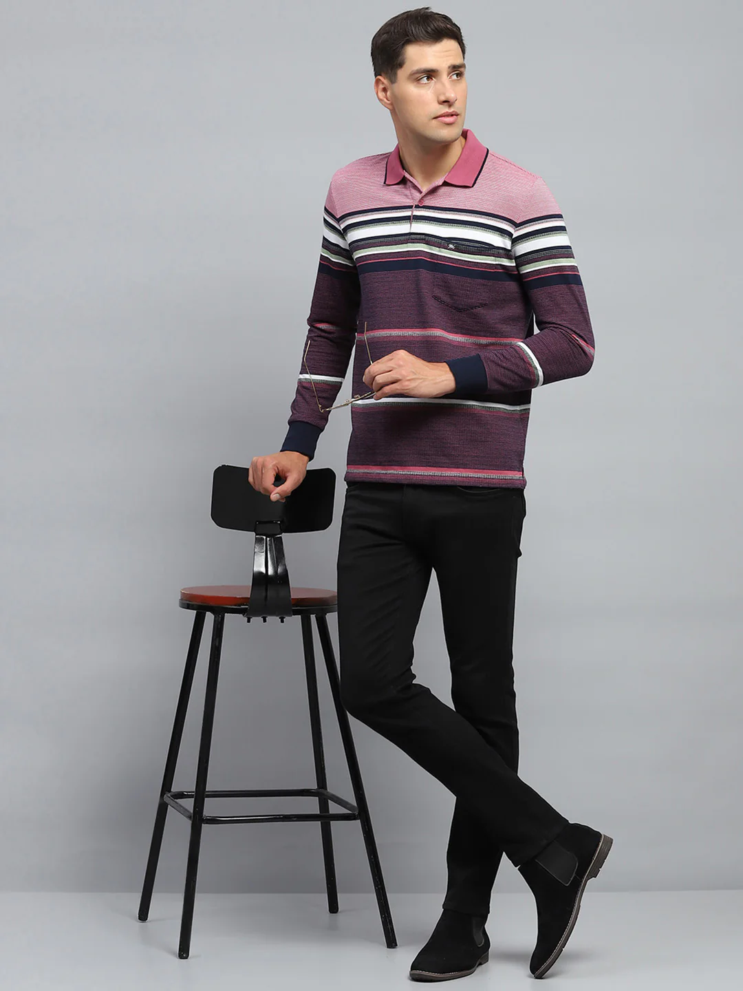 Men Maroon Stripe Collar Full Sleeve Winter T-Shirt - Image 2