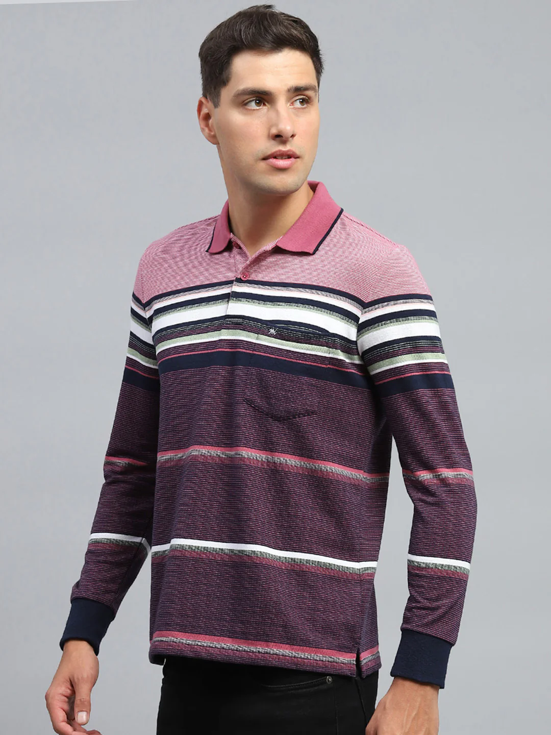 Men Maroon Stripe Collar Full Sleeve Winter T-Shirt - Image 3