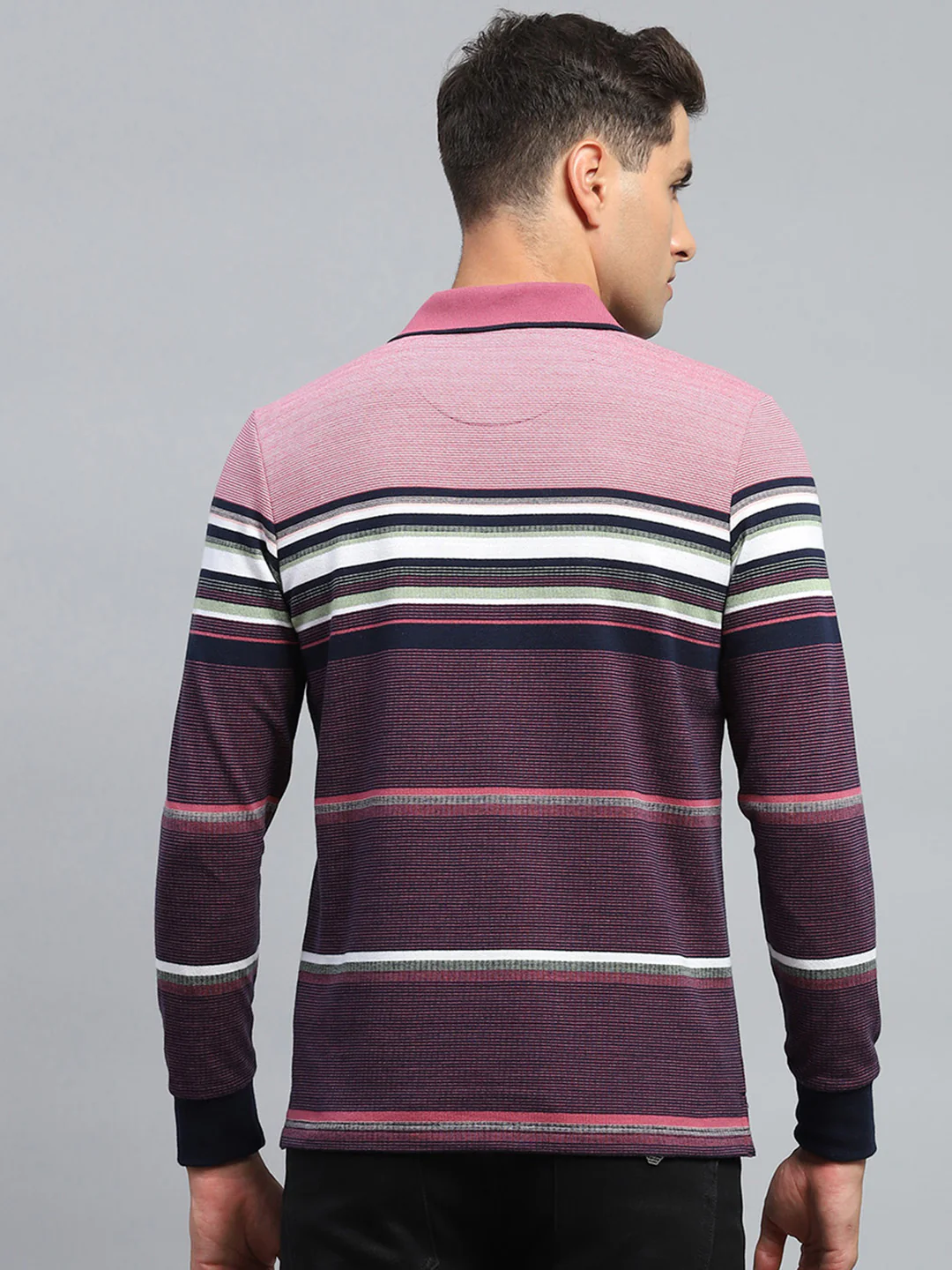 Men Maroon Stripe Collar Full Sleeve Winter T-Shirt - Image 5