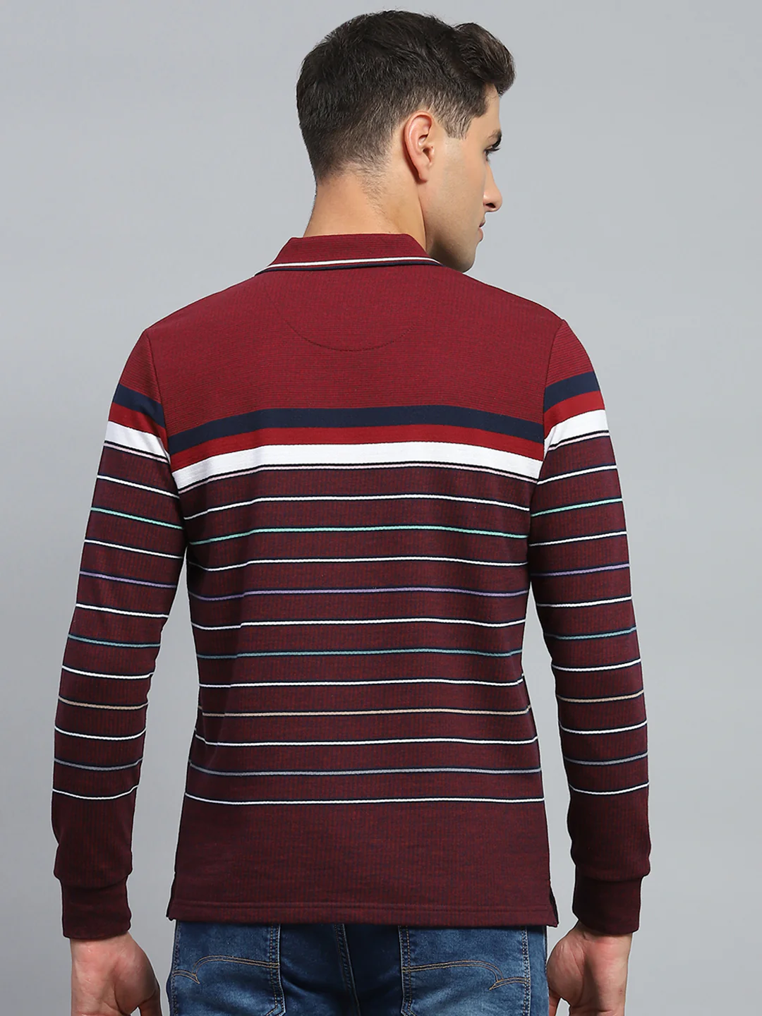 Men Maroon Stripe Collar Full Sleeve Winter T-Shirt - Image 5