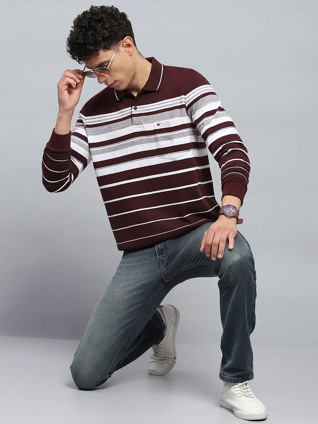 Men Maroon Stripe Collar Full Sleeve Winter T-Shirt - Image 2