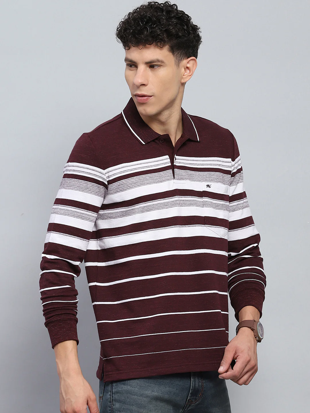 Men Maroon Stripe Collar Full Sleeve Winter T-Shirt - Image 4