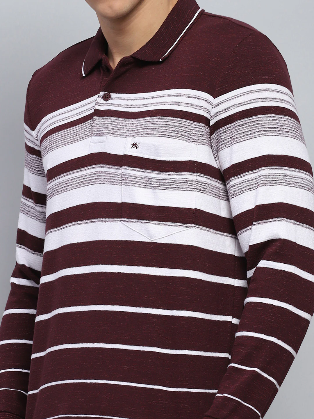 Men Maroon Stripe Collar Full Sleeve Winter T-Shirt - Image 6
