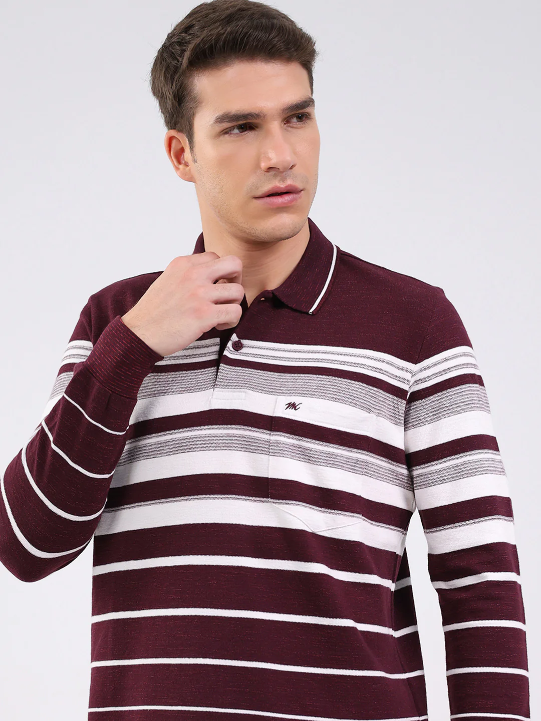 Men Maroon Stripe Collar Full Sleeve Winter T-Shirt - Image 7