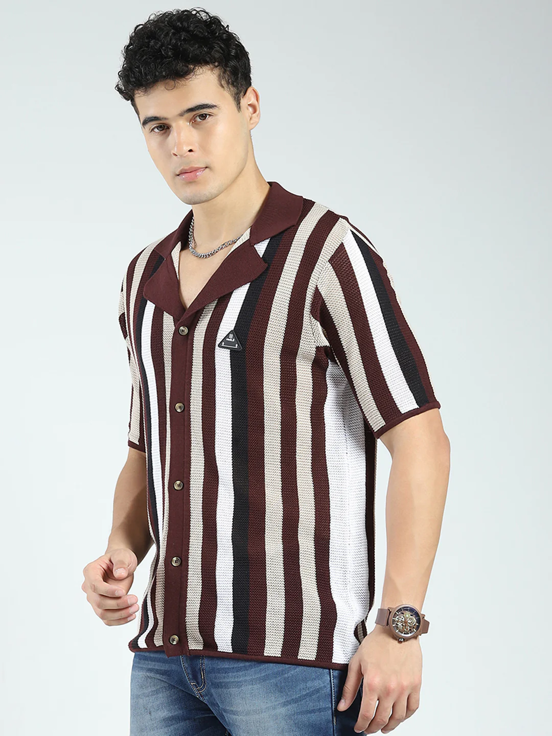 Rock.it Men Maroon Stripe Collar Half Sleeve Shirt - Image 3