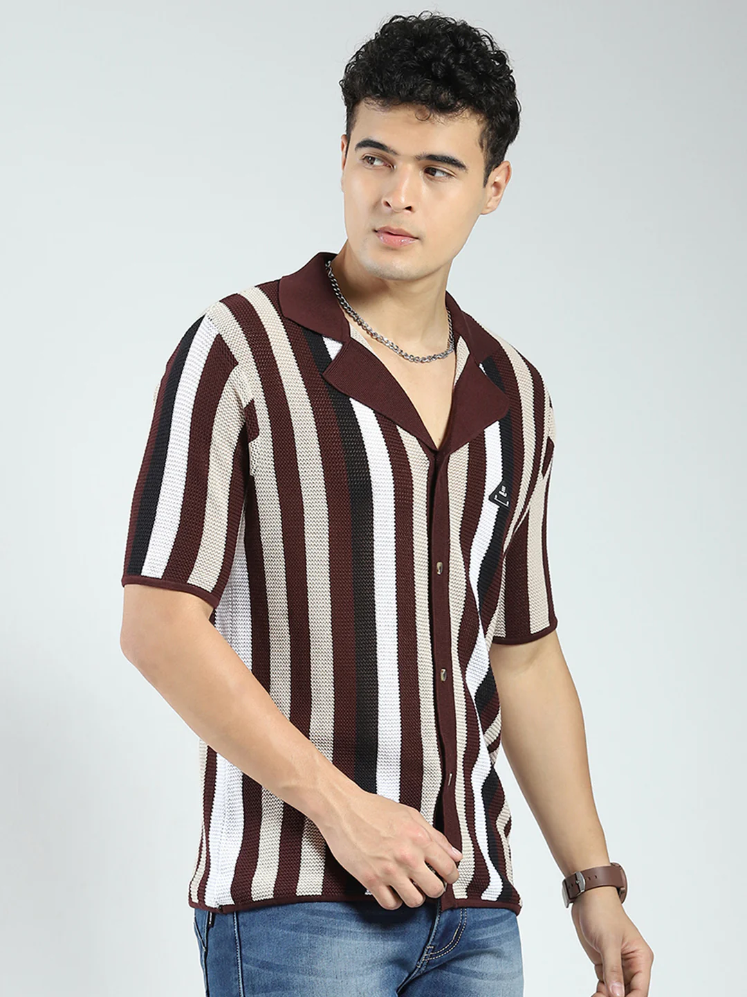Rock.it Men Maroon Stripe Collar Half Sleeve Shirt - Image 4
