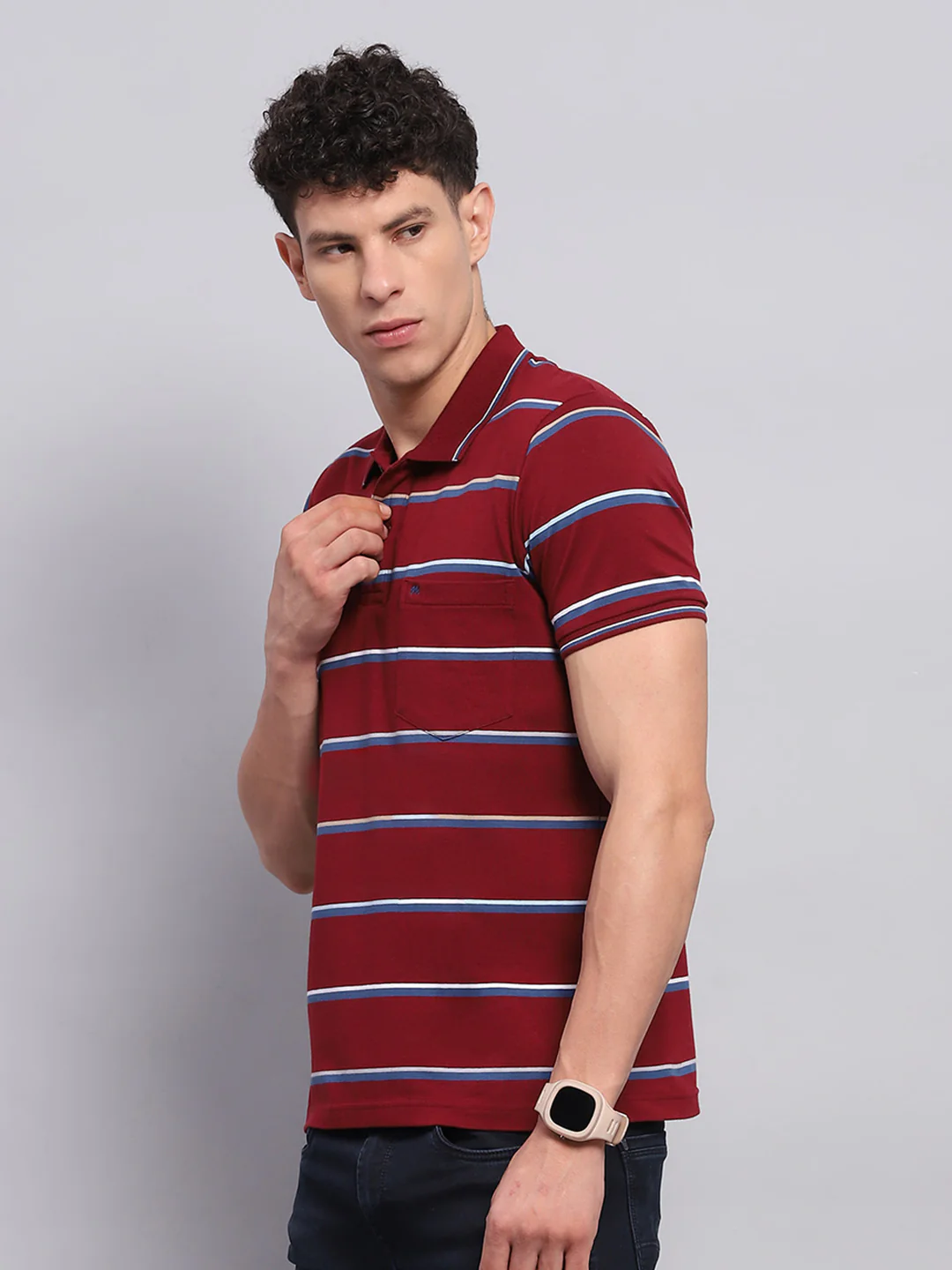 Men Maroon Stripe Collar Half Sleeve T-Shirt - Image 3