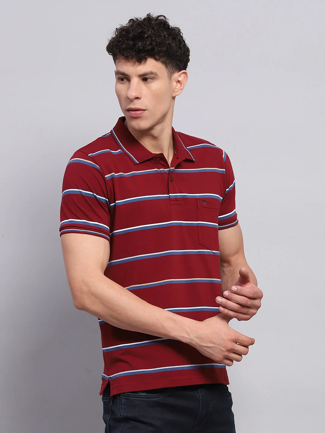 Men Maroon Stripe Collar Half Sleeve T-Shirt - Image 4