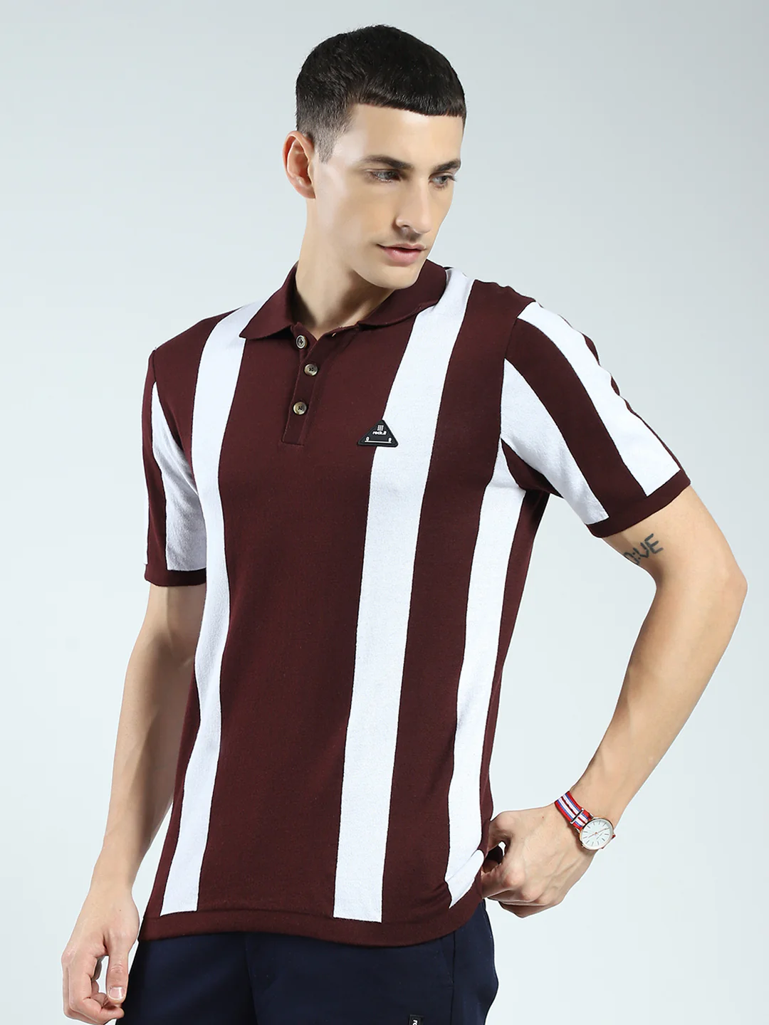 Rock.it Men Maroon Stripe Collar Half Sleeve T-Shirt - Image 3