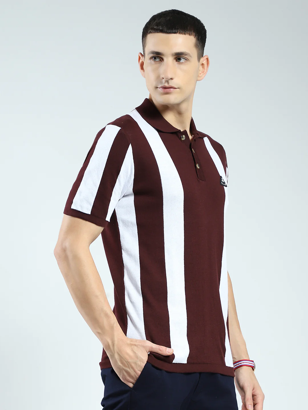 Rock.it Men Maroon Stripe Collar Half Sleeve T-Shirt - Image 4