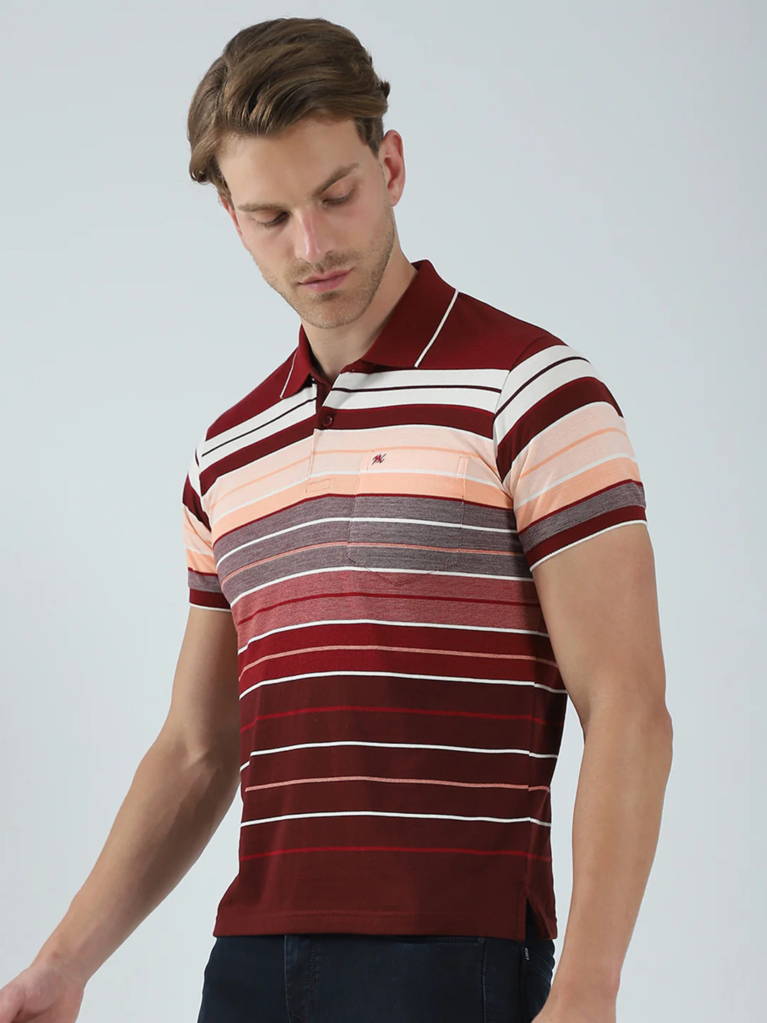 Men Maroon Stripe Collar Half Sleeve T-Shirt - Image 3