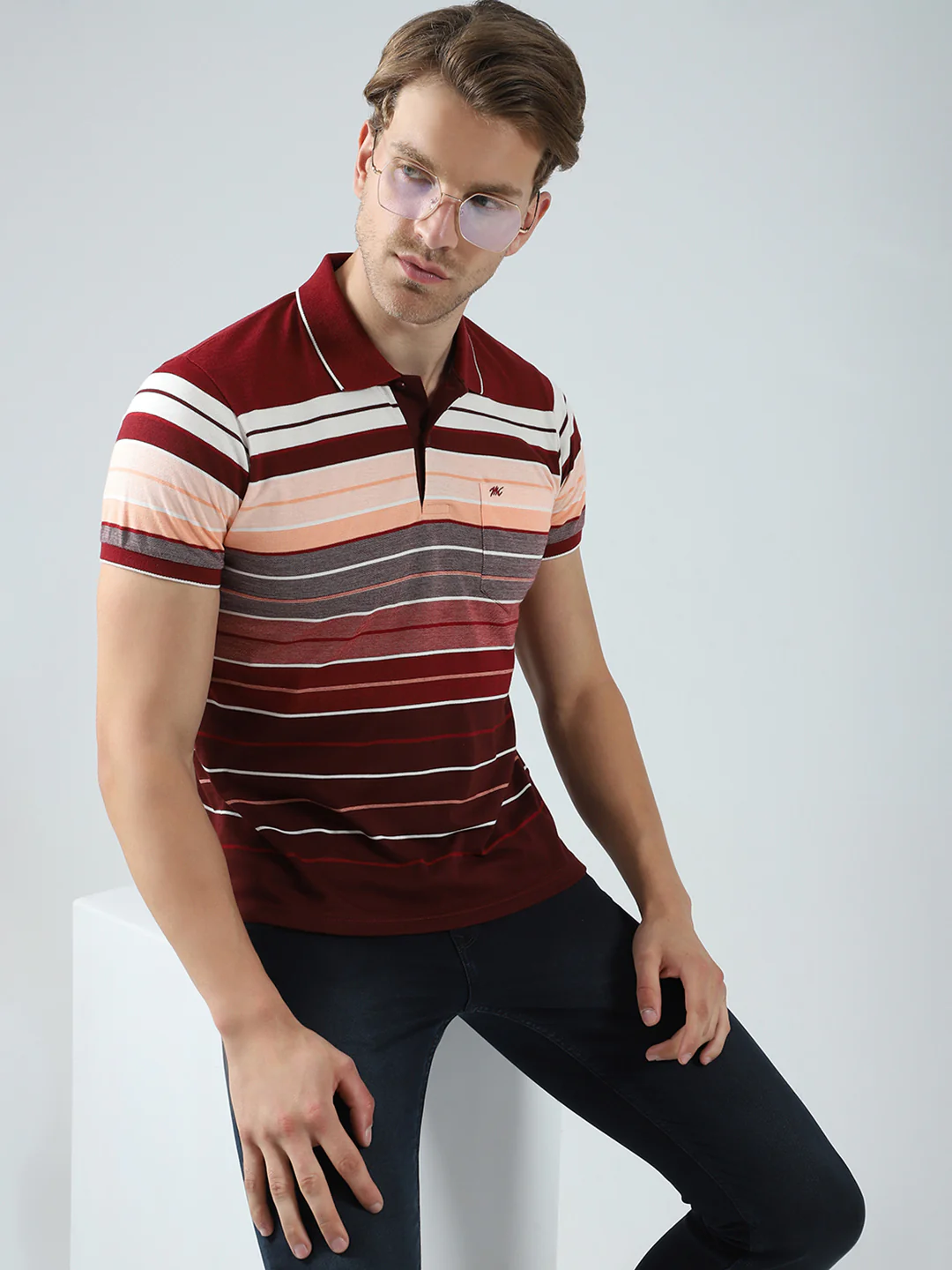 Men Maroon Stripe Collar Half Sleeve T-Shirt - Image 6