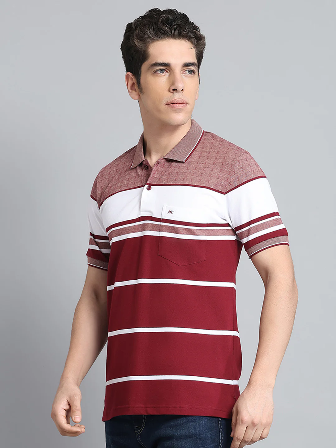 Men Maroon Stripe Collar Half Sleeve T-Shirt - Image 3