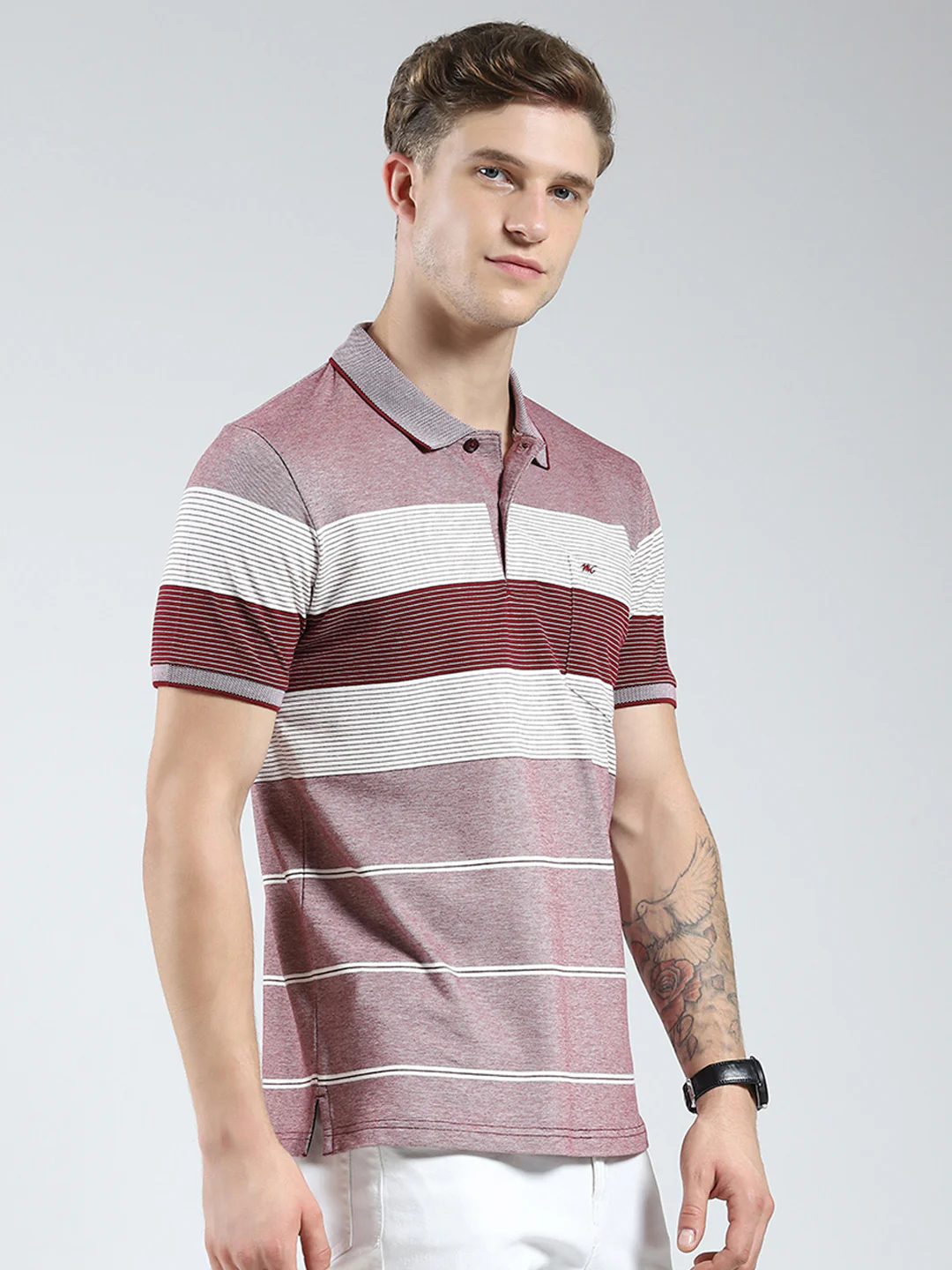 Men Maroon Stripe Collar Half Sleeve T-Shirt - Image 4