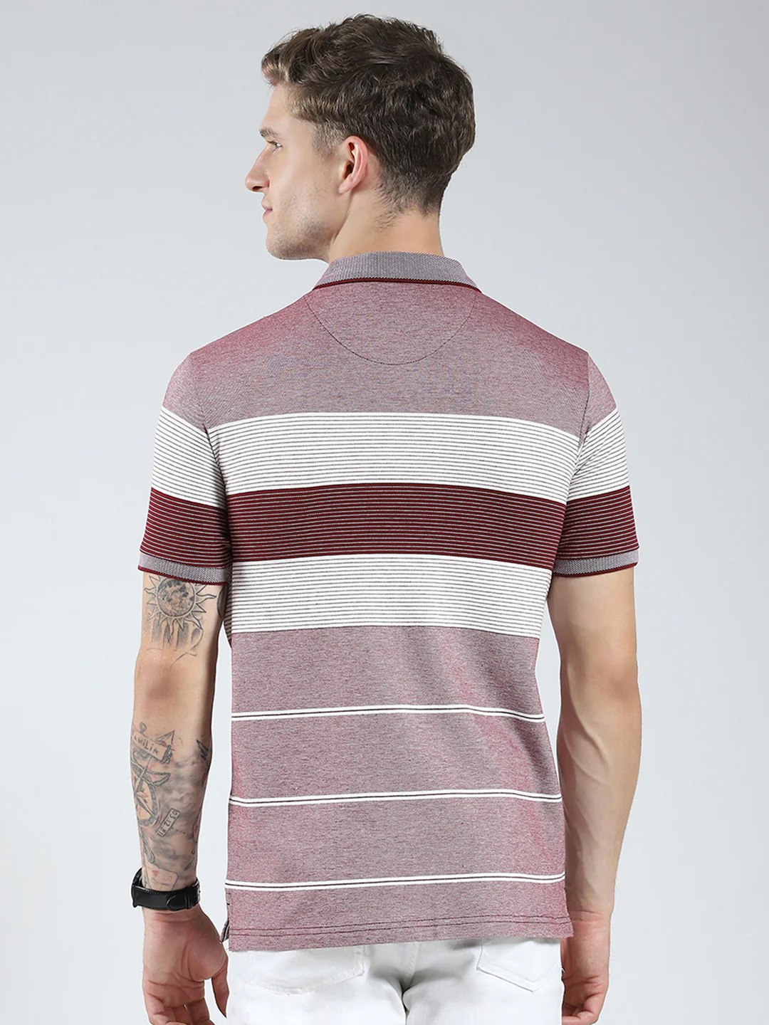 Men Maroon Stripe Collar Half Sleeve T-Shirt - Image 5