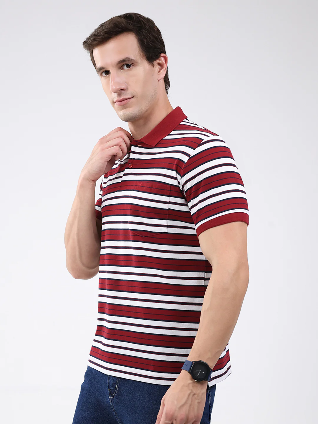 Men Maroon Stripe Collar Half Sleeve T-Shirt - Image 3