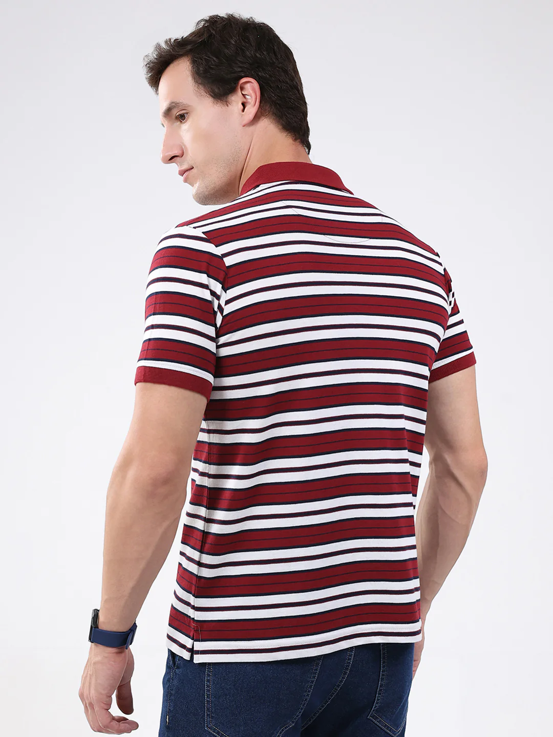 Men Maroon Stripe Collar Half Sleeve T-Shirt - Image 5