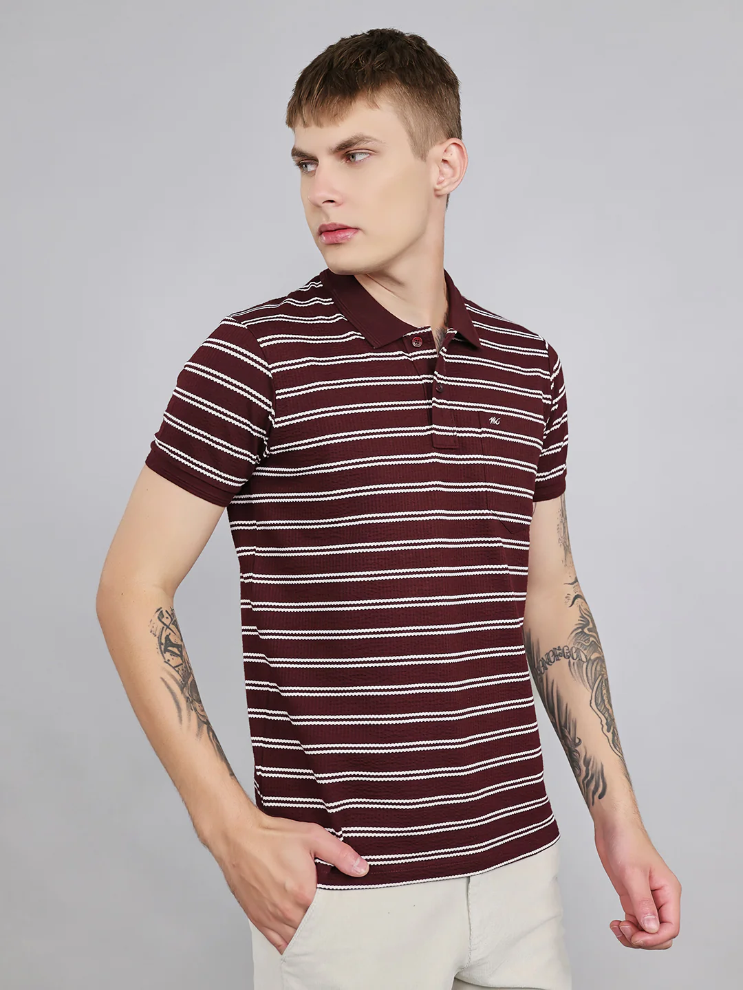 Men Maroon Stripe Collar Half Sleeve T-Shirt - Image 3