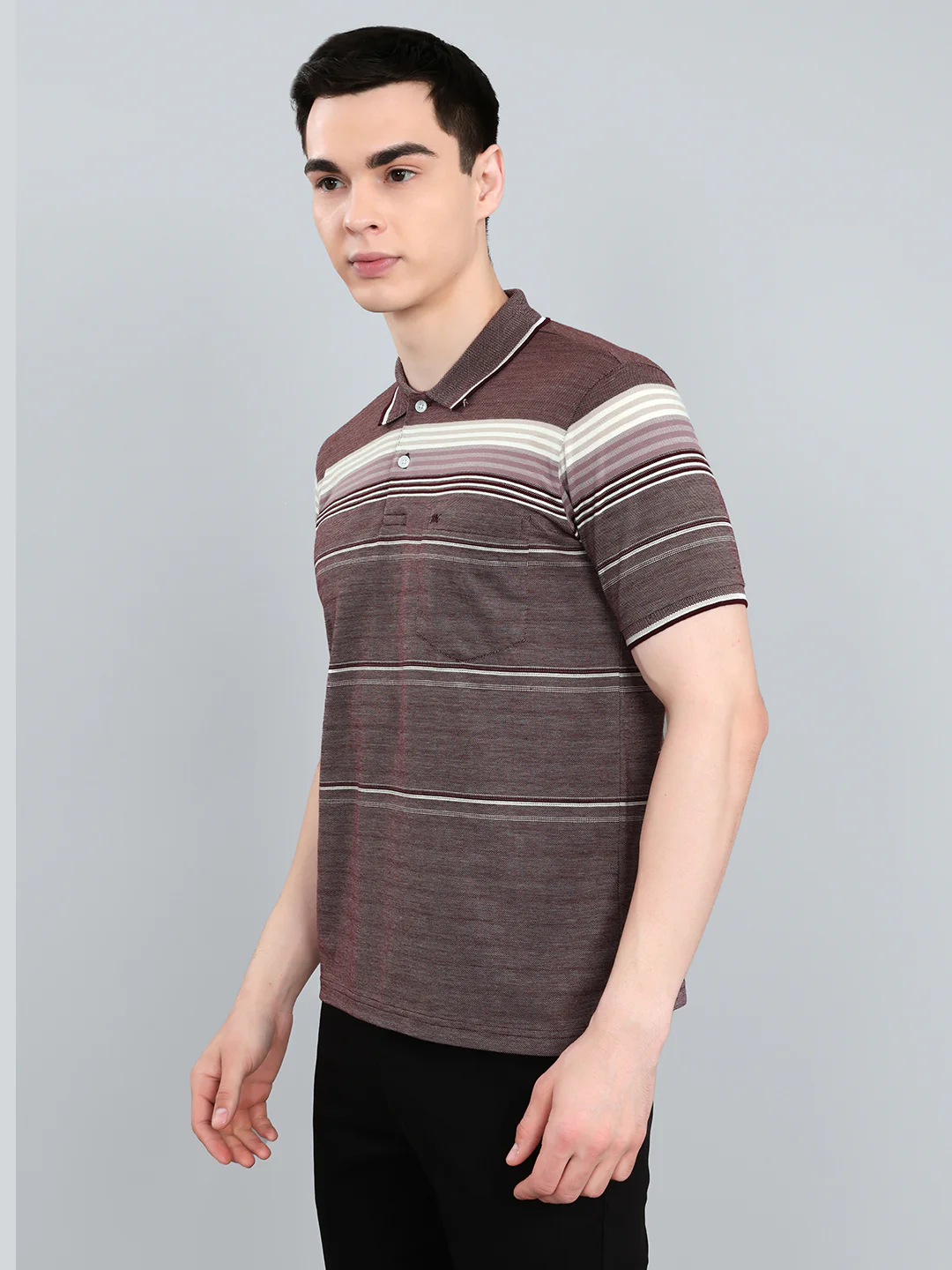 Men Maroon Stripe Collar Half Sleeve T-Shirt - Image 2